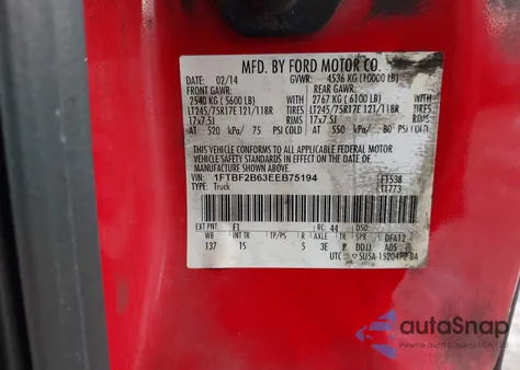 2014 Ford F-250 Xl из США, поврежденный, VIN 1FTBF2B63EEB75194